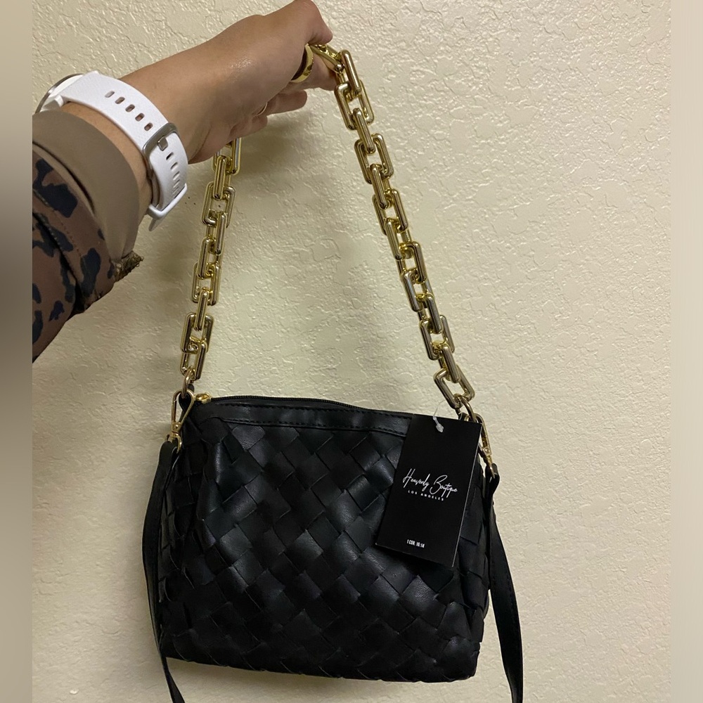 Black Woven Bag with Gold Chain